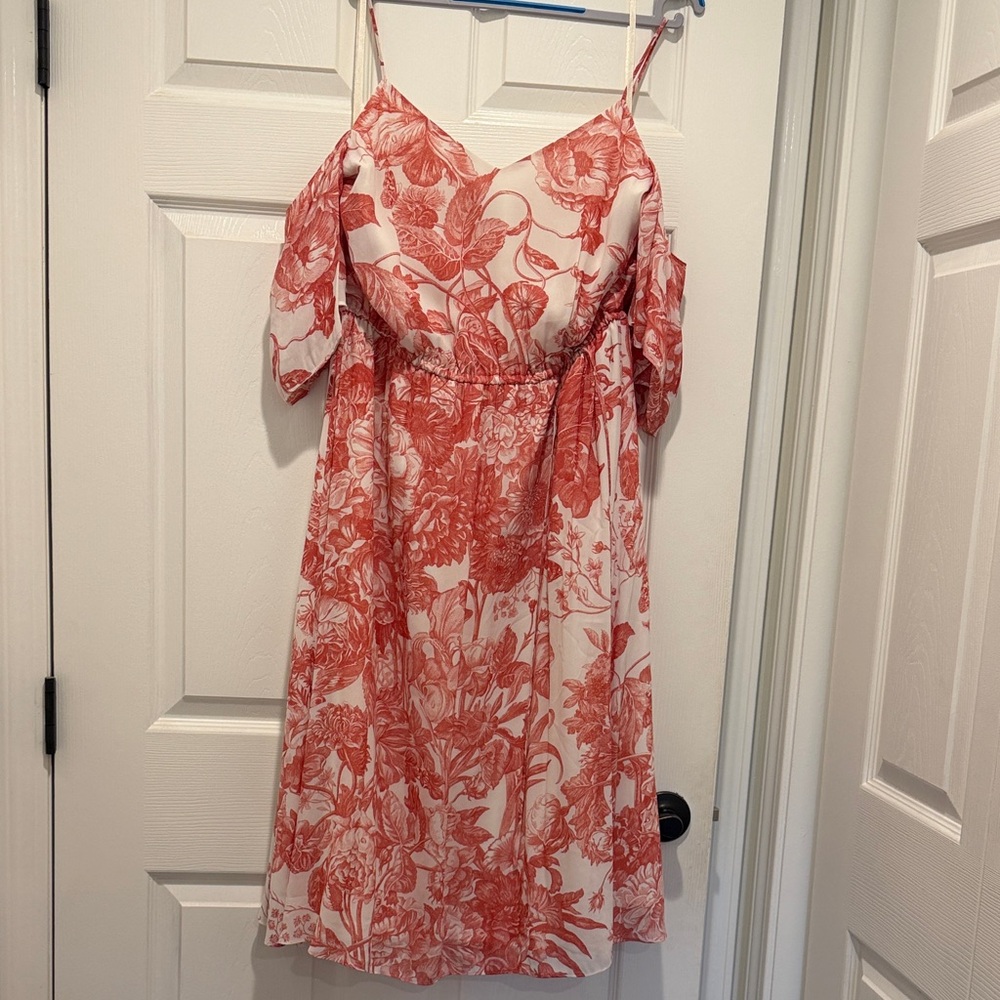LOFT Coral Floral Cold Shoulder Midi Dress